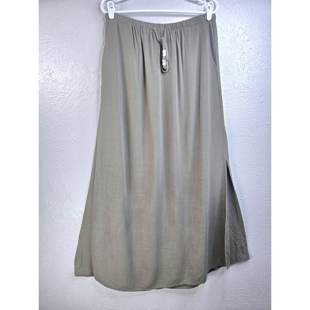 A Line Maxi Pocket Skirt XL Green Linen Blend Elastic Waist Lagenlook Minimalist